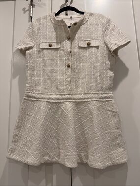 Moonsea Women’s White Tweed Mini Dress Size L Gold Buttons Short Sleeve NWT